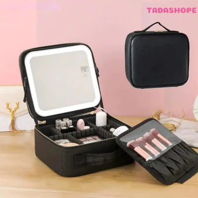 Maleta de Maquiagem Necessaire De Couro Com Espelho Led TADASHOPE